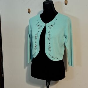 Cozy Aqua Cardigan by Madison Leigh Petite Size 10.. Detailed Embellishments